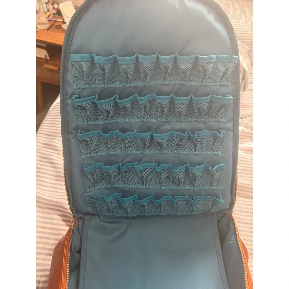 Young Living Essential Oil Carrying Case Backpack Tan Vegan Leather Teal Lining